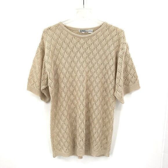 Vintage Campus Casuals‎ Pullover Sweater Womens Sz L Beige Short Sleeve Crochet - Picture 2 of 7